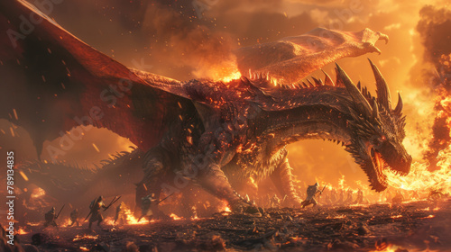 Epic battle scene featuring a dragon spewing fire upon warriors in a battlefield.
