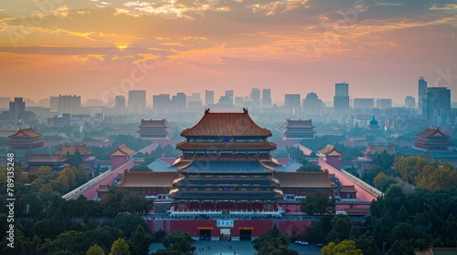 Aerial view of Beijing, Forbidden City amidst modern skyscrapers