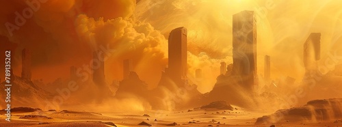 Kinetic sandstorm sweeping desert ruins, sunset glow, wide angle, surreal, 