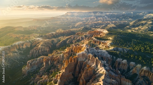 Aerial view of Bryce Canyon, hoodoos and natural amphitheaters, early morning