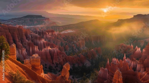 Aerial view of Bryce Canyon, red rock spires and horseshoe amphitheaters, sunrise