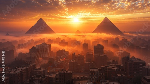 Aerial view of Cairo with the pyramids in the horizon, dusty sunset