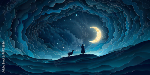 Eid Al-Adha greeting theme with sheep and shepherd in the field at night with crescent moon in paper cut style