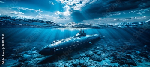Military nuclear submarine launching torpedo missile in vast expanse of open ocean