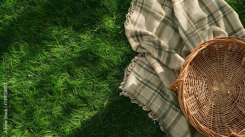 Flat lay composition with wicker basket and picnic blanket on green grass : Generative AI