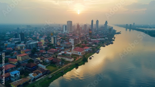 Aerial view of Kinshasa, Congo River and urban hustle, midday