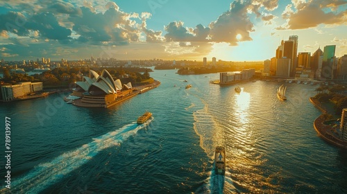Aerial view of Sydney Harbour and Opera House, sunny day