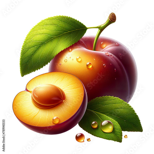 realistic illustration, mirabelle plum, one whole fruit and half composition, a few small water drops on it, white background PNG