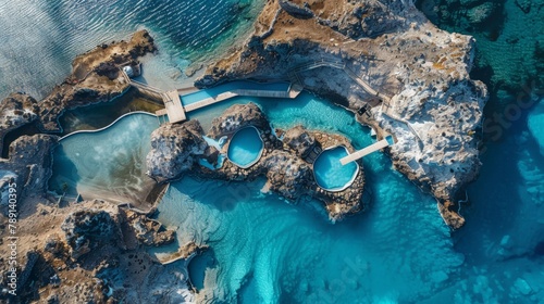 Aerial view of the Blue Lagoon, geothermal spa and vivid blue waters