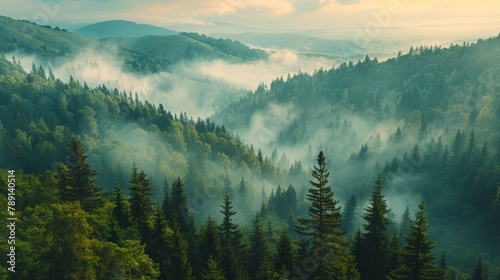 Aerial view of the Carpathian Mountains, forested slopes and misty mornings