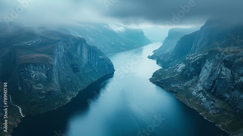 Aerial view of the Norwegian Fjords, steep cliffs and deep waters