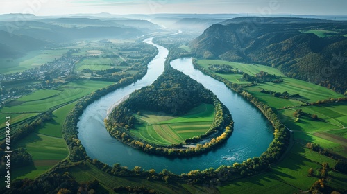 Aerial view of the Rhine River, winding through European landscapes