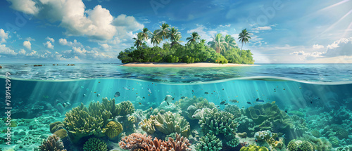 Tropical Island And Coral Reef Split View With Water