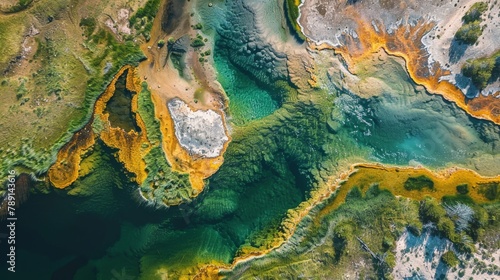 Aerial view of Yellowstone National Park, geysers and vibrant hot springs