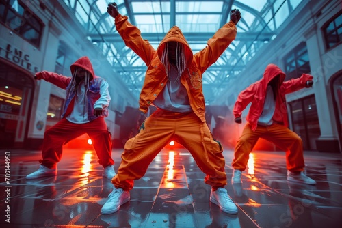 A group of street dancers performs dynamic moves in vibrant red and neon lights reflecting on wet ground at night