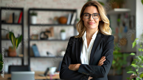 Retrato de una exitosa mujer de negocios dentro de la oficina, de pie con los brazos cruzados