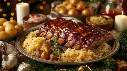 Festive Roasted Pork Rib Rack with Mashed Potatoes on Holiday Table