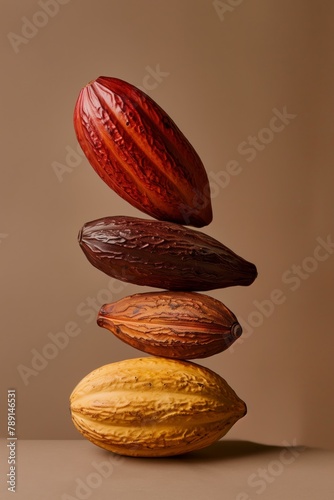 Three colorful cacao pods stacked vertically against a beige background.