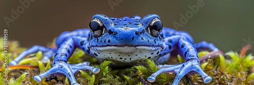 Macro capture of azure dart frog, dendrobates tinctorius azureus, perched on vibrant green moss