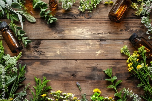 Herbal Medicine Background. Homeopathy and Natural Medicine Mixture with Sage Bouquet on Wooden Table