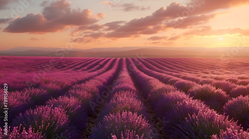 Enchanting Lavender Fields Stretching to Horizon in Serene Provence Countryside Sunset Landscape