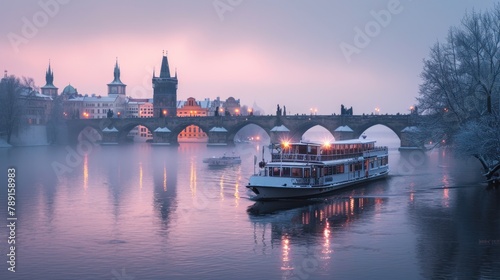 Boat in river with bridge and beautiful historical buildings in winter in Prague city in Czech Republic in Europe.