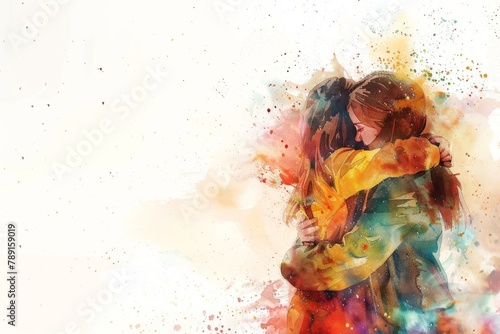 Abstract watercolor painting of a mother and daughter hugging against a white background in the style of a copy space concept for a Mother's Day theme, with colorful splashes and a highly detailed