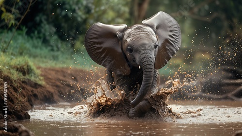 A baby elephant playfully splashing water in a muddy watering hole