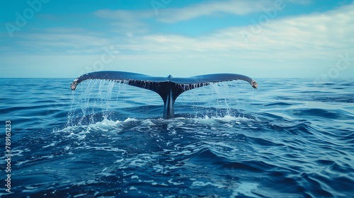 A blue whale's tail disappearing into the deep blue sea, captured from a boat