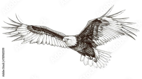 A bald eagle flying in sky in wild. Vector illustration art drawing.