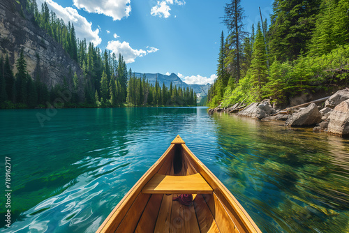 The view from a wooden canoe journeying down a tranquil river, flanked by lush greenery and the promise of adventure around the bend.