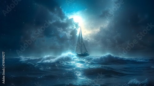 the silhouette of a sailboat crew navigating the ocean waves under the ethereal glow of a full moon