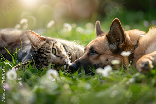 Hund und Katze liegen im Gras Kopf an Kopf und schmusen, erstellt mit generativer KI
