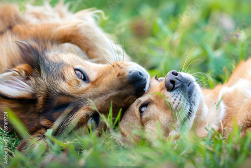 Zwei Hunde liegen im Gras Kopf an Kopf und schmusen, erstellt mit generativer KI