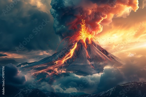 Volcano eruption spiting molten lava and ash clouds over a mountain, photo collage .