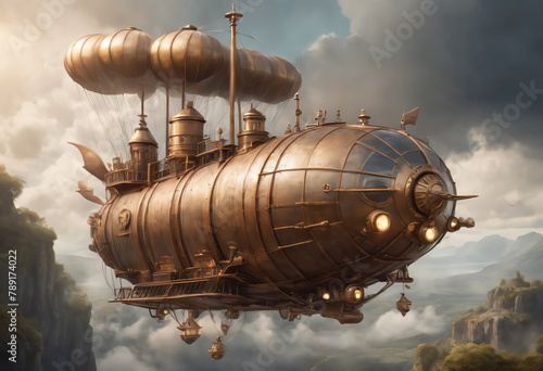 Whimsical steampunk airship adventure illustration, brass and leather, fantastical contraptions, cloudy skies, aerial steam-powered engines, intrepid explorers, medieval inspiration, digital painting