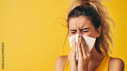 A female sneeze with tissue due to allergy reaction