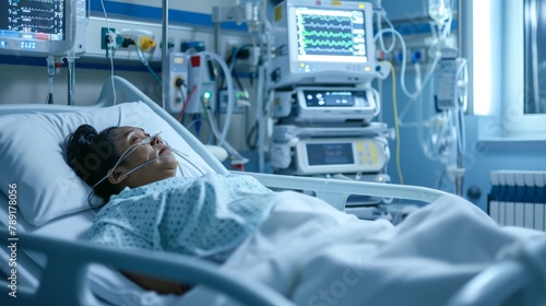 A patient lying in bed in a hospital ICU room.