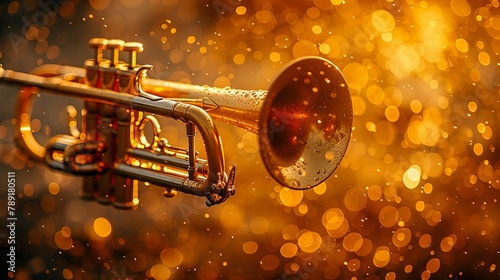 A trumpet is shown on a background of golden bokeh.
