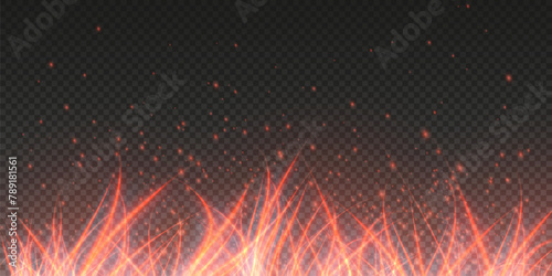 Burning hot sparks effect with embers burning ash and smoke flying in the air. Burning glowing particles. Flame of fire with sparks isolated on a black transparent background. Flame png.