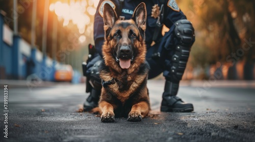 Portrait of a police dog on duty in a large city