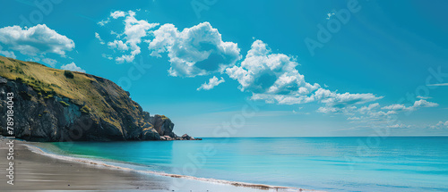 Serene beach landscape with cliffs and sky