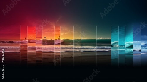 poster with montages of surf images with colored gradient perpendicular lines