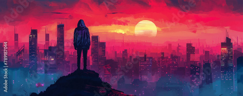 A person in a hoodie standing on a hilltop and looking down at a futuristic cyberpunk neon city. vector simple illustration