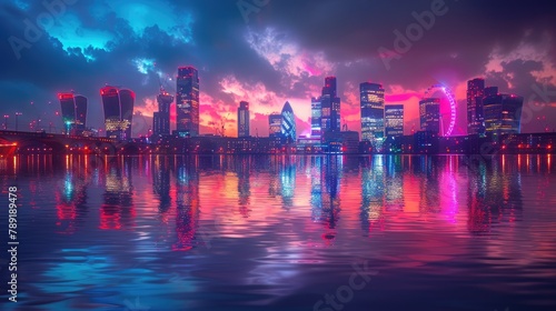 Futuristic Cityscape with Vibrant Sunset Reflecting on Water.