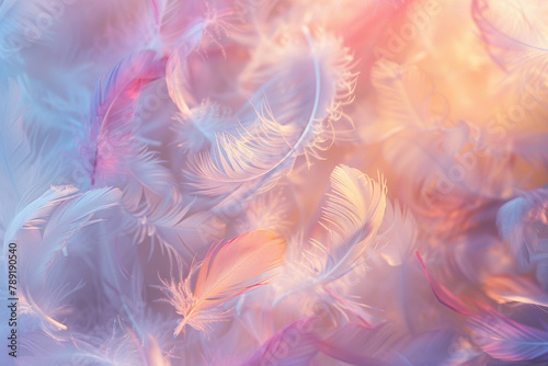 A collection of delicate angel feathers, gently floating against a heavenly backdrop, creating a serene and pure atmosphere with soft and pastel hues Created Using ethereal photography, delicat