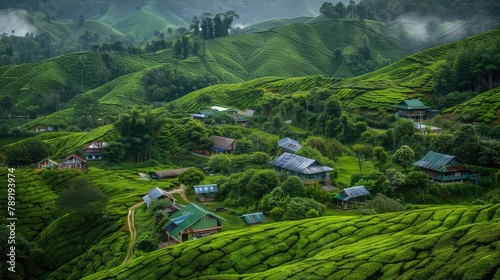 Landscape of country hill tribe village in the middle terraced newly planted tea fields on mountain with foggy in tropical rainy season ,Morning misty montain landscape with village among greenfield