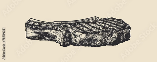 Piece of grilled meat engraving. vector simple illustration