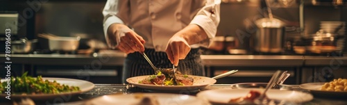 Chef preparing food in a restaurant kitchen with many plates of food. Banner