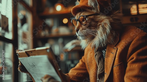 Felidae carnivore cat, with whiskers and fur, sits at table reading newspaper